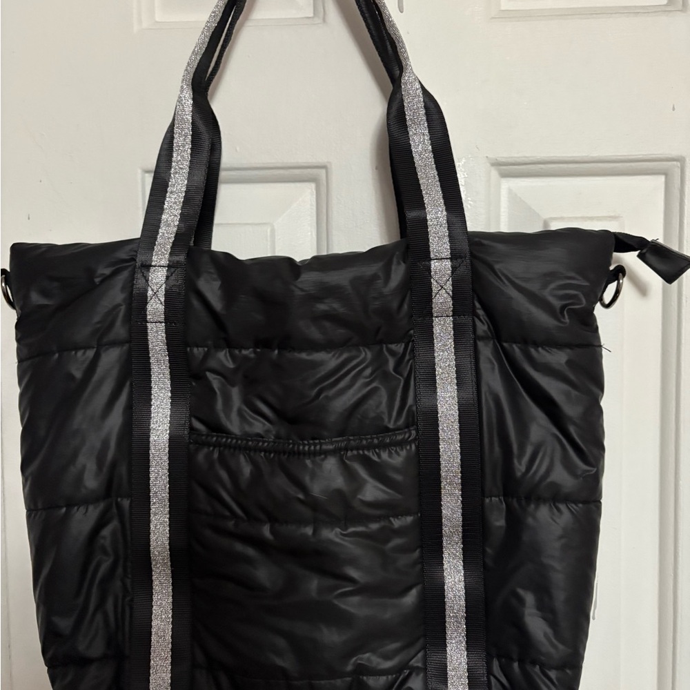 HAUTE SHORE Black Puffer Tote with Silver Straps
